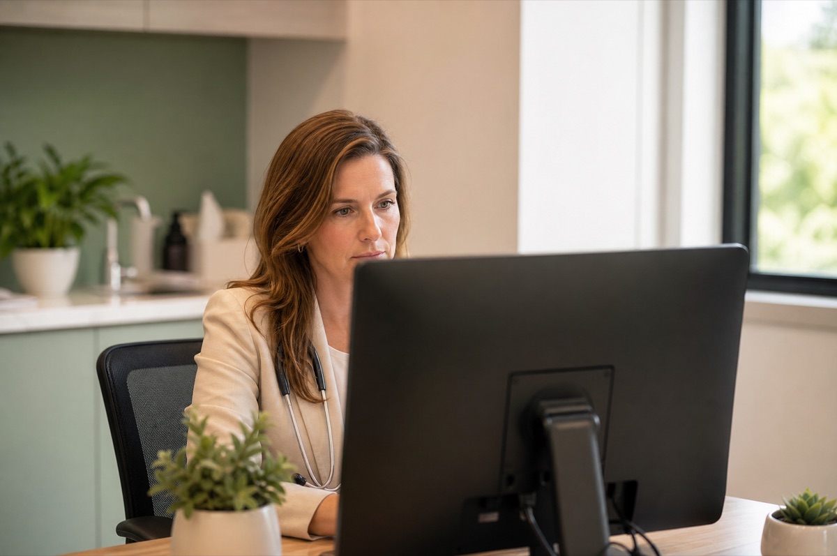 Clinician reviewing a report at their clinic desk