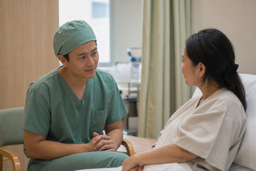 An anaesthetist sitting beside a patient on a pre-operative bed