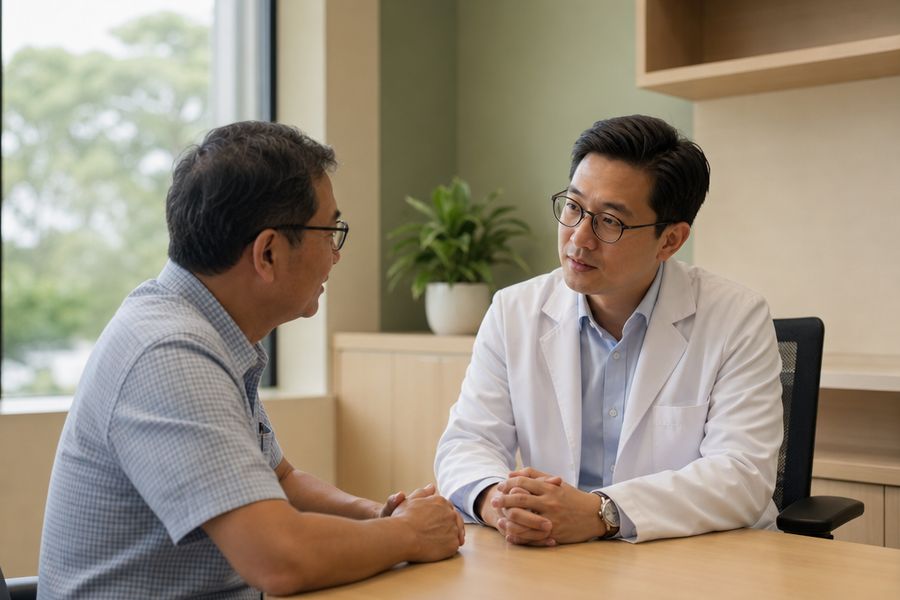 A doctor and a patient talking at a clinic desk