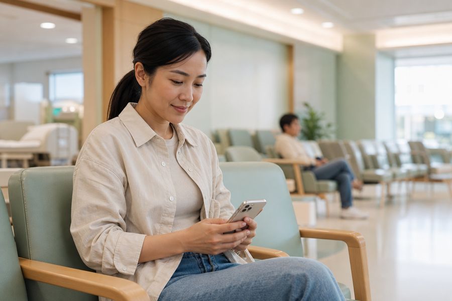 A woman using her phone in a bright hospital waiting area