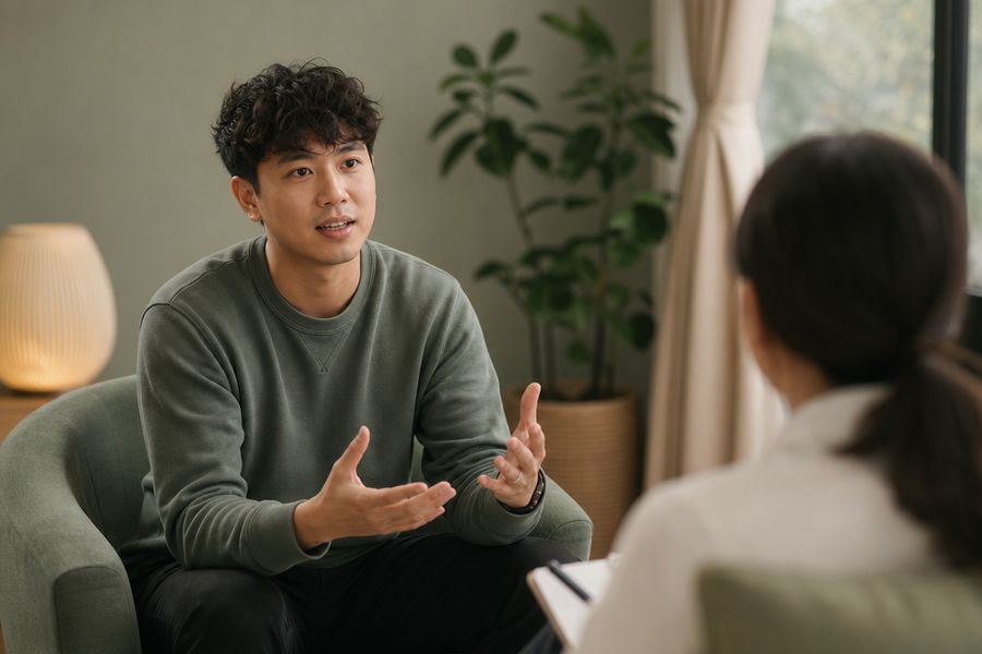 A young man speaking with a clinician in a quiet consultation room