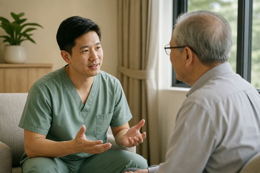 A surgeon in scrubs explaining something to an older patient